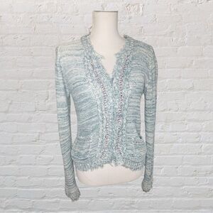Hem & Thread Blue Knit Cardigan with Ruffled Neckline